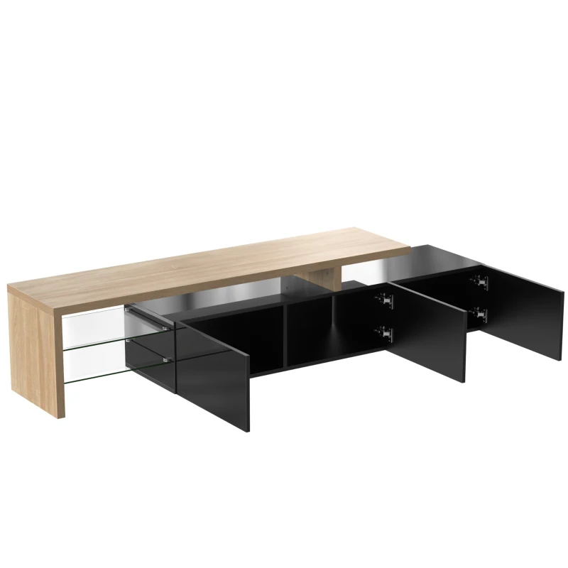 Meuble TV moderne design scandinave avec grand espace de rangement, effet bois, étagères en verre, éclairage LED, Naturel+Noir(m-5)