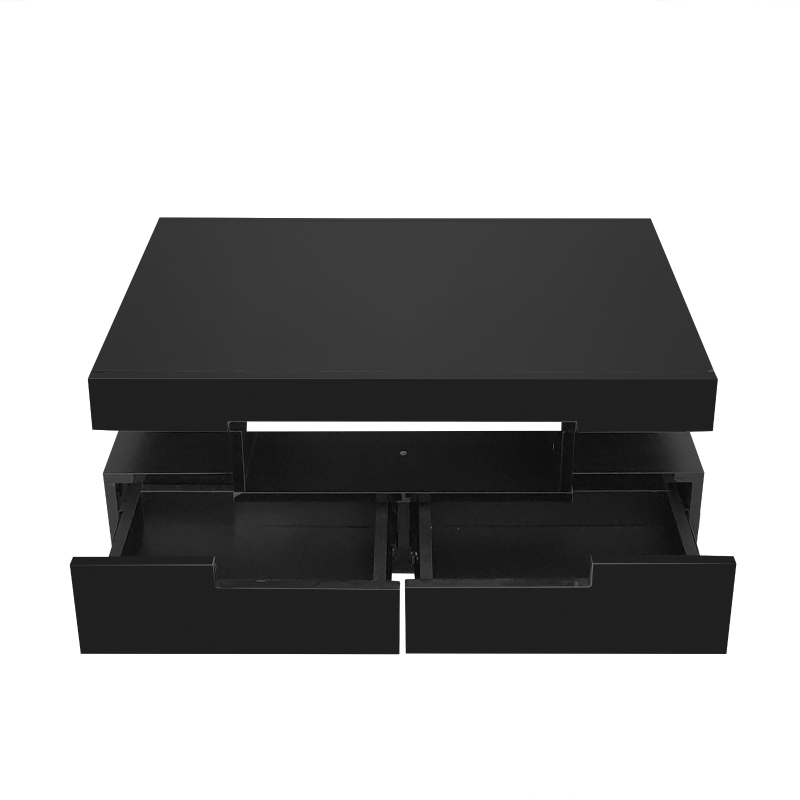 Table basse avec bande LED intégrée, 4 tiroirs avant et arrière, plateau relevable, Noir