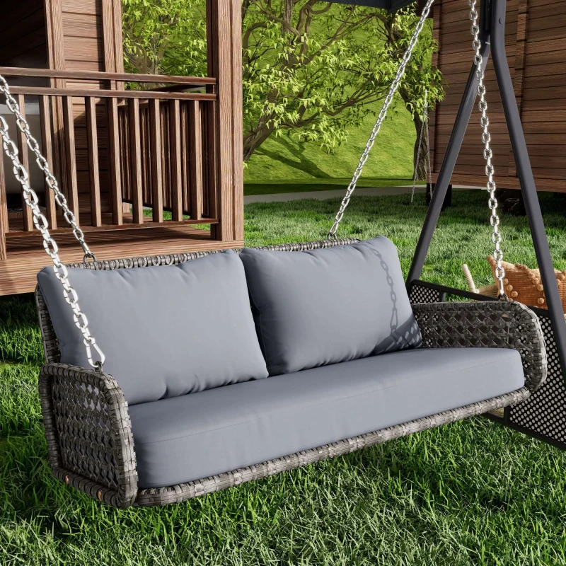Balansoar dublu din PE-Rattan pentru grădină cu perne lavabile și 2 locuri, Capacitate 320 kg, Gri