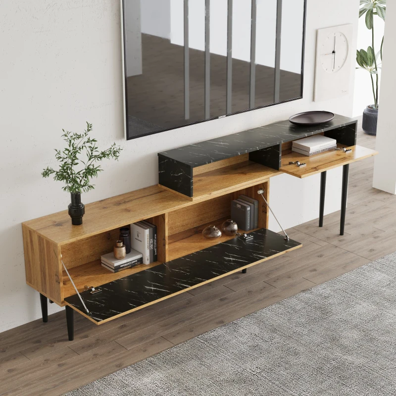 Meuble TV moderne mobile avec design en marbre et veinure de bois, bordure en PVC, Bois Naturel