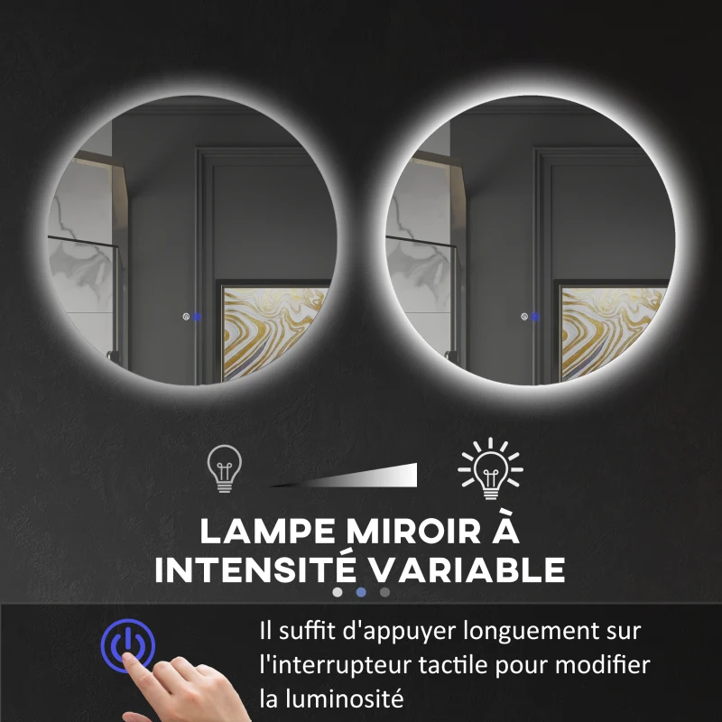 kleankin Miroir rond lumineux LED de salle de bain Ø 70 cm mural avec éclairage interrupteur tactile système antibuée  35 W gris