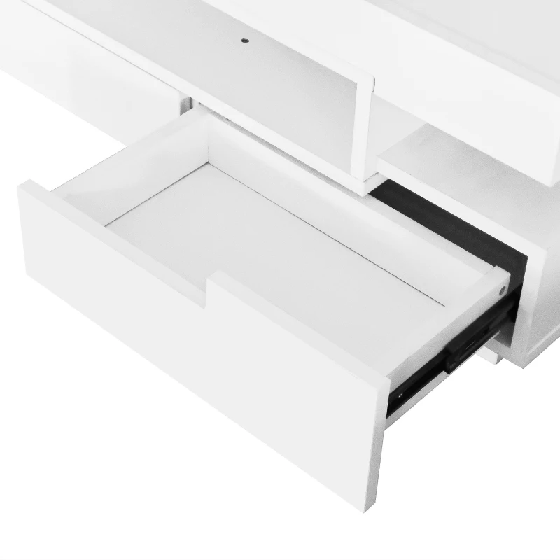 Table basse avec bande LED intégrée, 4 tiroirs avant et arrière, plateau relevable, Blanc