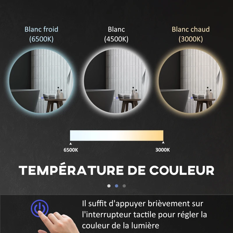 kleankin Miroir rond lumineux LED de salle de bain Ø 70 cm mural avec éclairage interrupteur tactile système antibuée  35 W gris