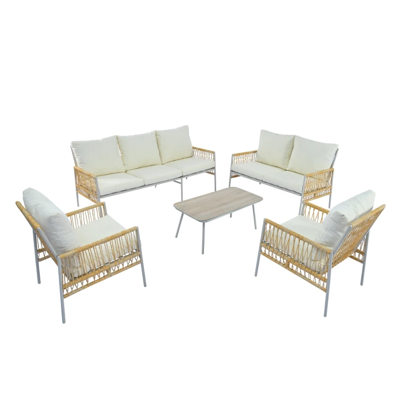 Set mobilier de grădină 7 locuri din PE-ratan și oțel zincat, măsuță cu blat din sticlă temperată cu efect lemn, perne lavabile, Bej