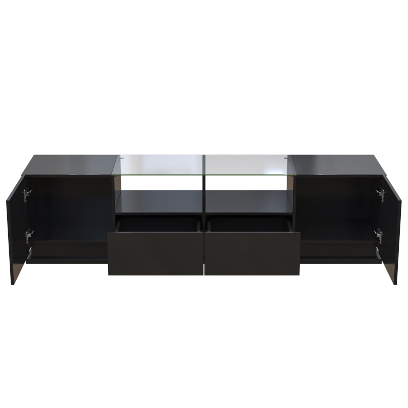 Meuble TV Brillant avec étagères en verre, 2 tiroirs, 2 portes & effets lumineux LED, Planche basse 165x38x43 cm, Noir