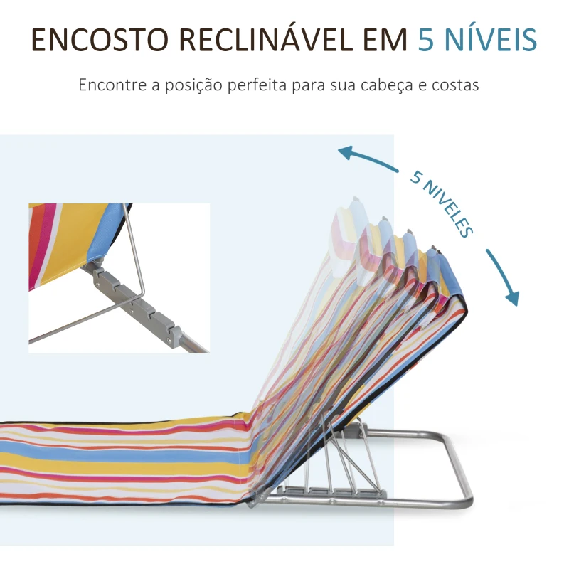 Outsunny Conjunto de 2 Esteiras de Praia Dobráveis 124x53x50cm com Encosto Ajustável e Apoio para a Cabeça Esteira de Praia Tecido Oxford Aço com Bolsa de Transporte Multicor
