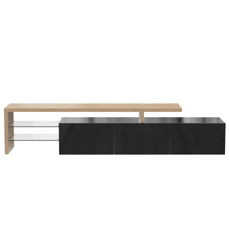 Meuble TV moderne design scandinave avec grand espace de rangement, effet bois, étagères en verre, éclairage LED, Naturel+Noir(m-2)