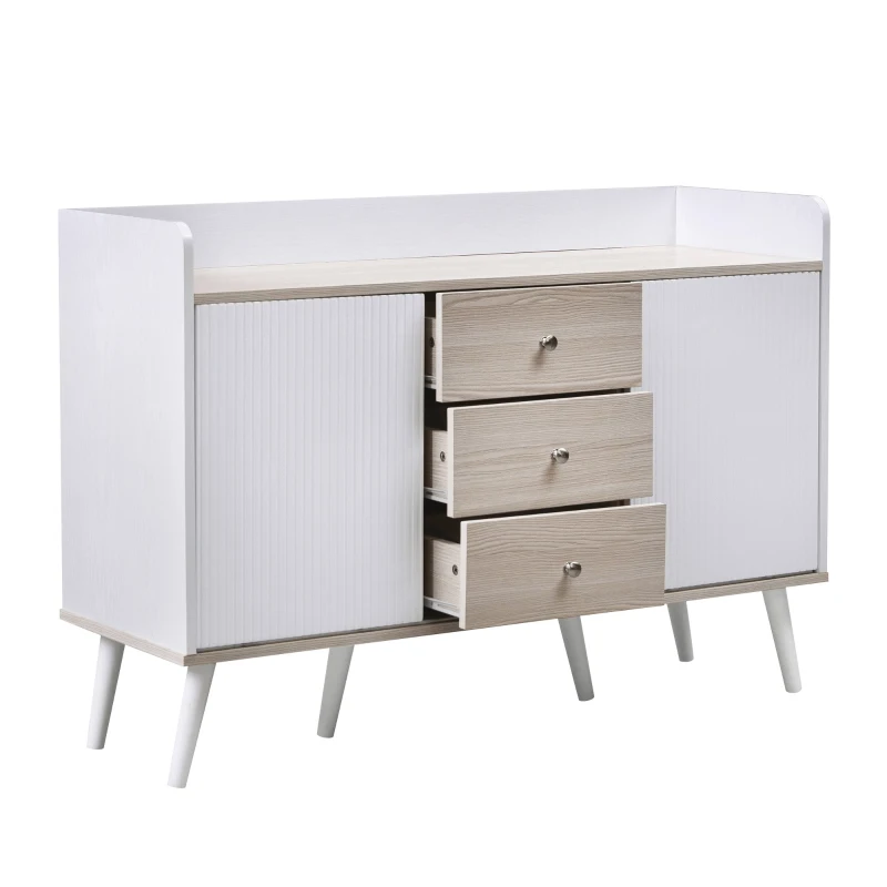 Crédence avec trois tiroirs à veinures pour chambre à coucher et salon, meuble moderne en bois avec étagères et rangements, Blanc