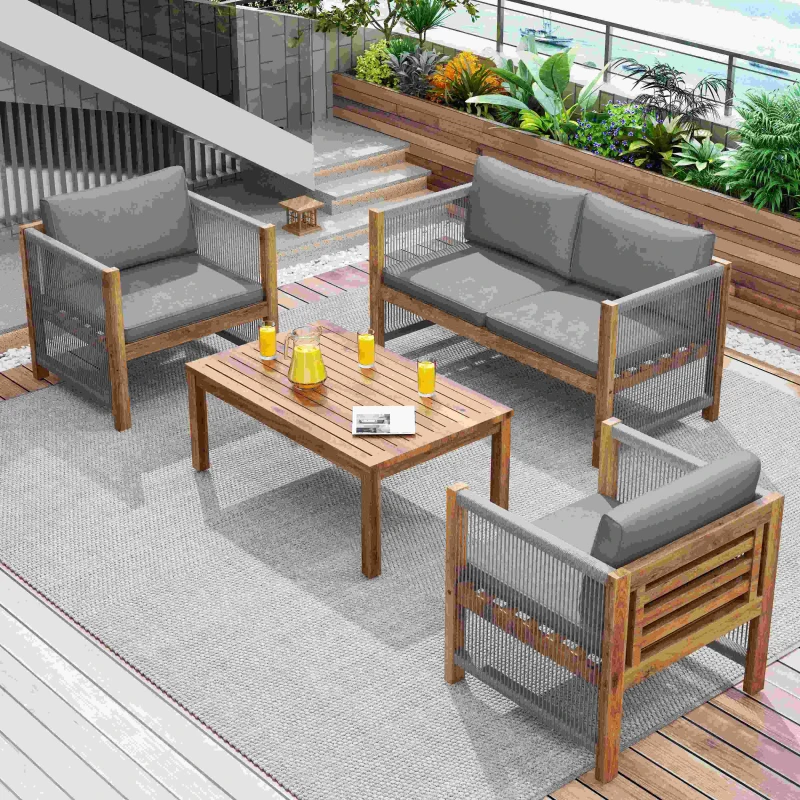 Set de grădină din rattan sintetic cu perne confortabile, canapea dublă, 2 fotolii și masă pentru exterior, Gri