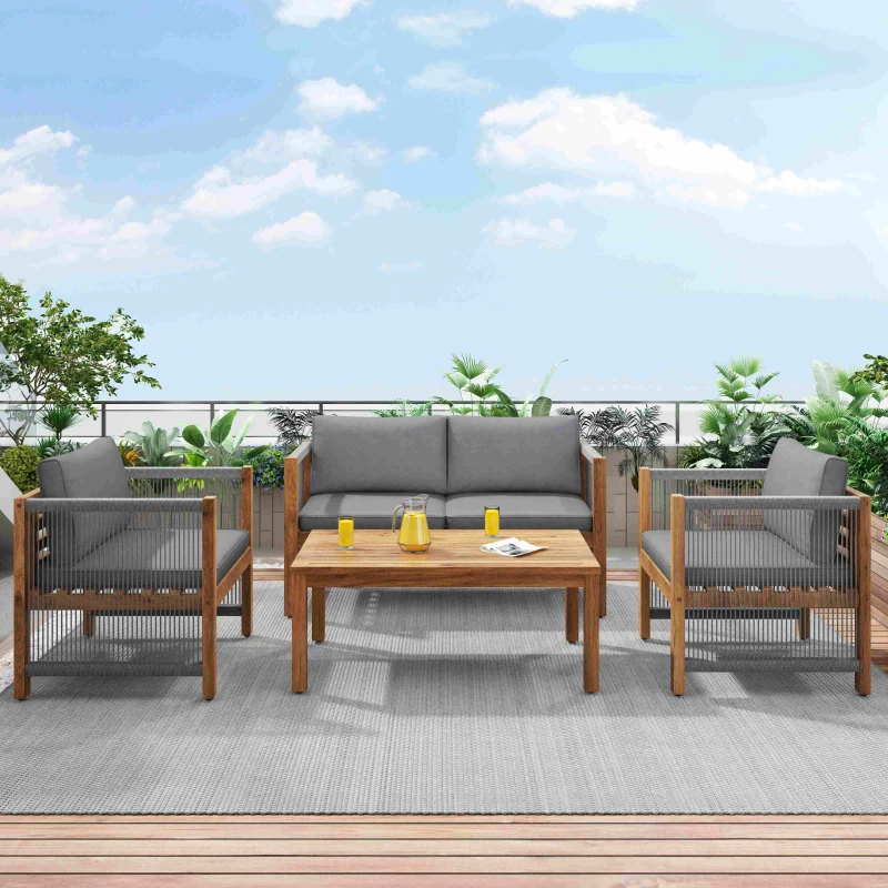 Set de grădină din rattan sintetic cu perne confortabile, canapea dublă, 2 fotolii și masă pentru exterior, Gri