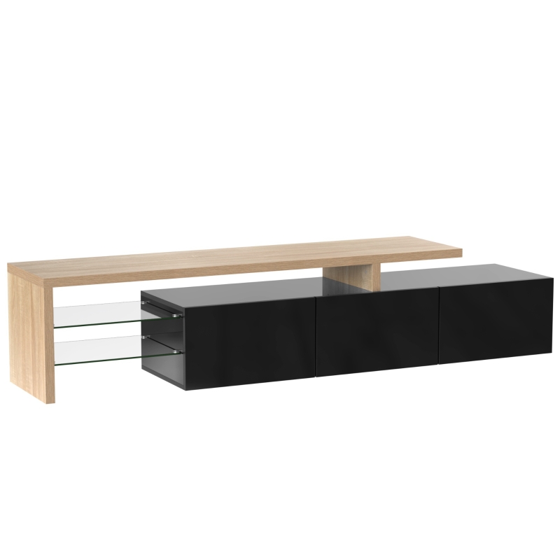 Meuble TV moderne design scandinave avec grand espace de rangement, effet bois, étagères en verre, éclairage LED, Naturel+Noir(m-9)