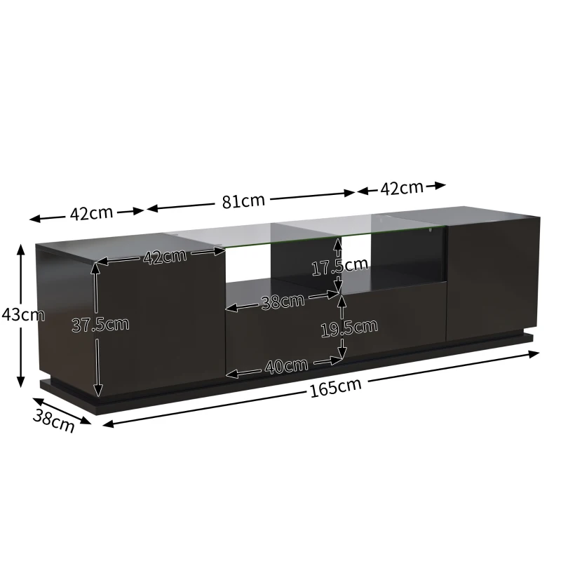 Meuble TV Brillant avec étagères en verre, 2 tiroirs, 2 portes & effets lumineux LED, Planche basse 165x38x43 cm, Noir