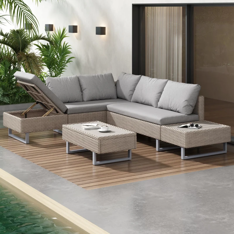 Set de grădină 4 piese din poli-rattan pentru 4-5 persoane cu colțar, masă și perne, huse lavabile, Kaki