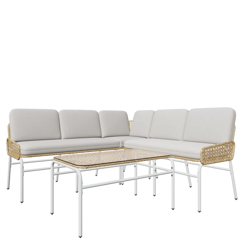 Ensemble de Salon de Jardin en Résine Tressée pour 4-5 Personnes avec Canapé d'Angle, Table Basse en Verre Trempé et Coussins, Gris Clair + naturel