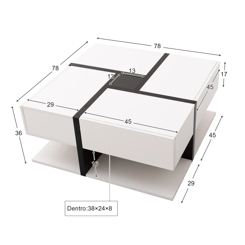Table basse carrée avec plateau relevable, 4 tiroirs et espace de rangement inférieur, design unique de lignes, Blanc