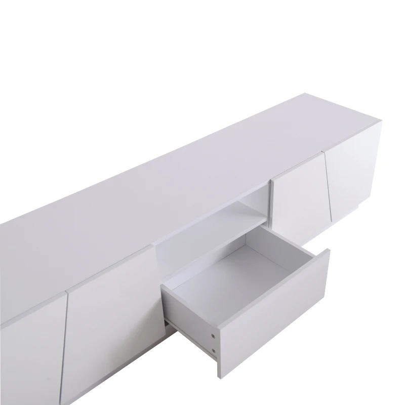 Meuble TV moderne de 170 cm style patchwork diagonal, design irrégulier, sans poignée, portes brillantes, panneaux en MDF, Blanc