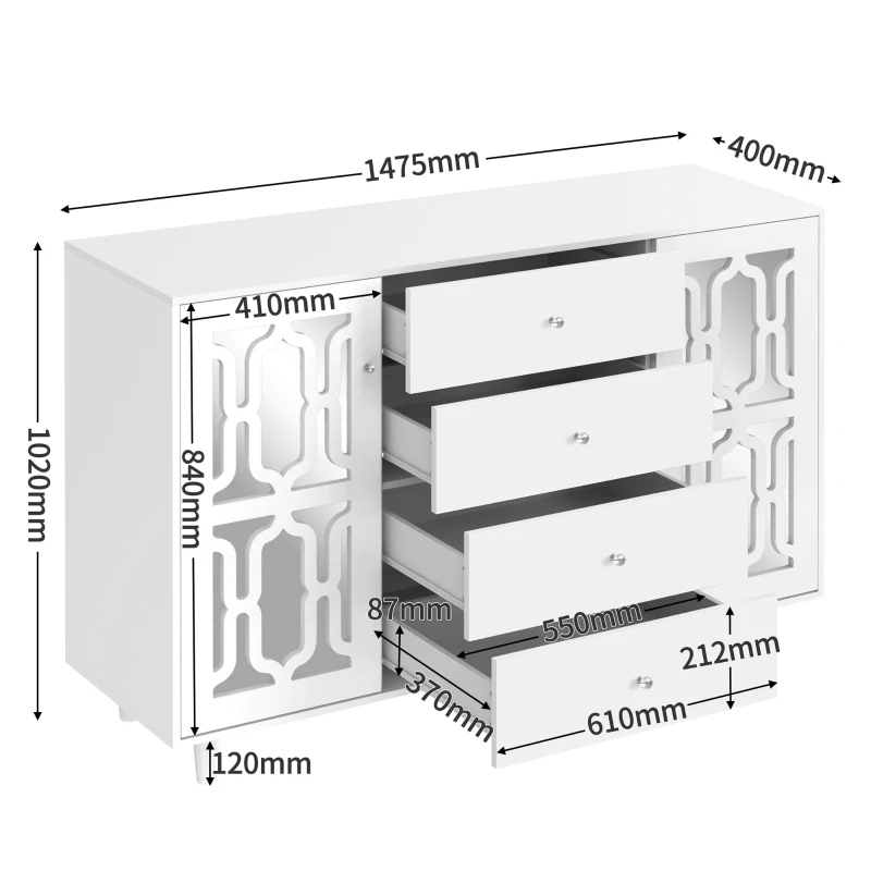Crédence miroitée avec Poignées en Cristal, Design Coordonné, Verre Intégré, Montage Facile - MDF, 147,5 x 40 x 102 cm, Blanc