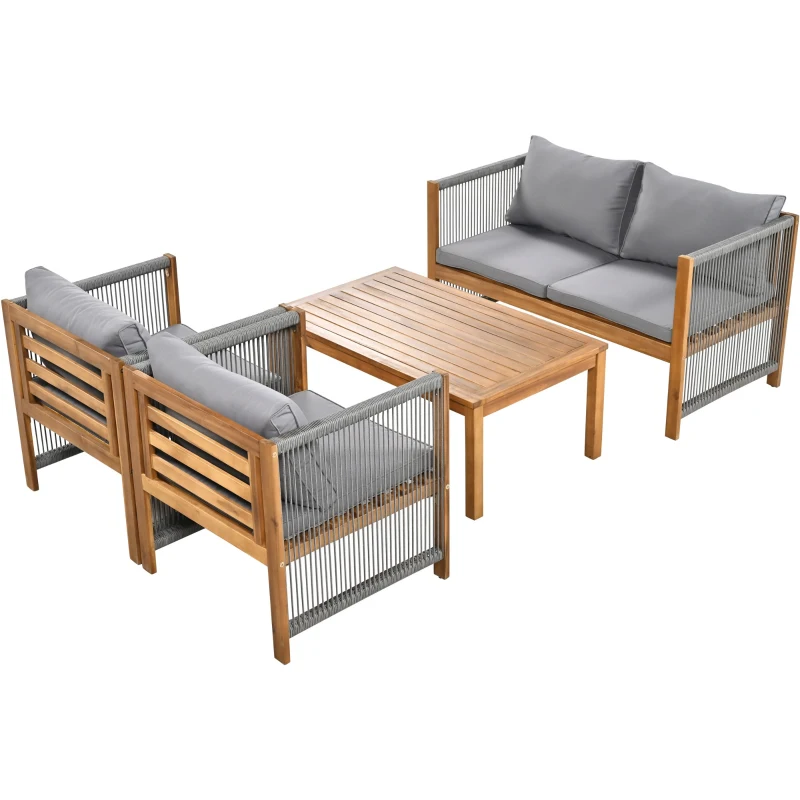 Set de grădină din rattan sintetic cu perne confortabile, canapea dublă, 2 fotolii și masă pentru exterior, Gri