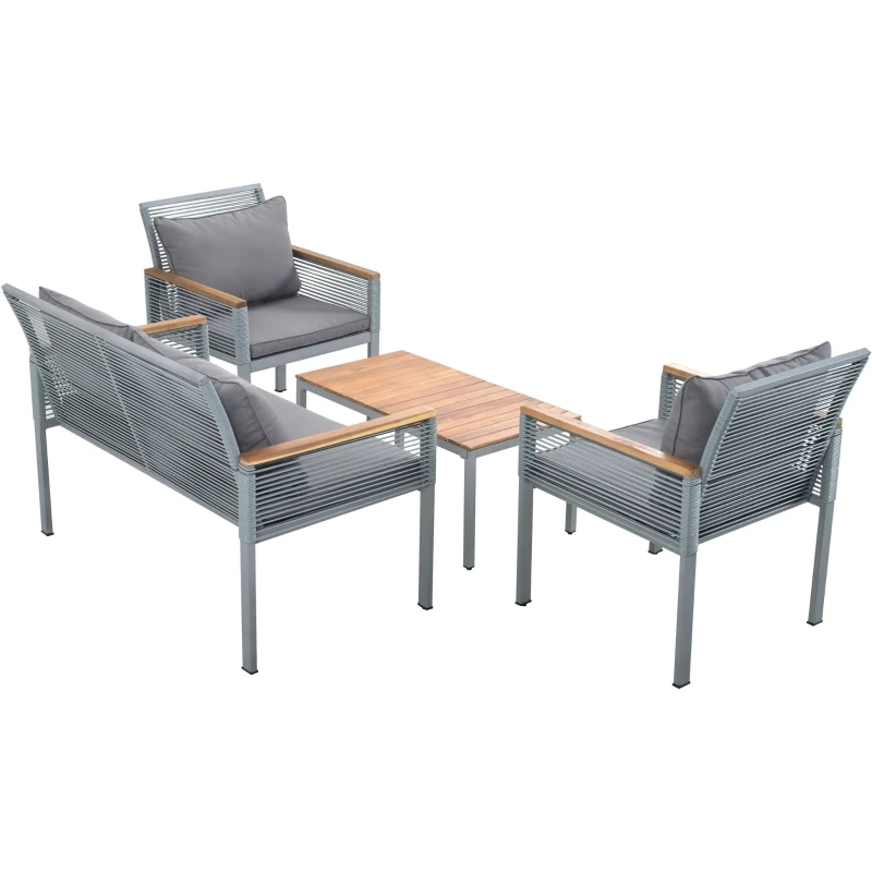 Ensemble de Salon de Jardin en Rotin avec Coussins Confortables : Canapé Double, 2 Fauteuils et Table d'Angle pour Extérieur, Gris