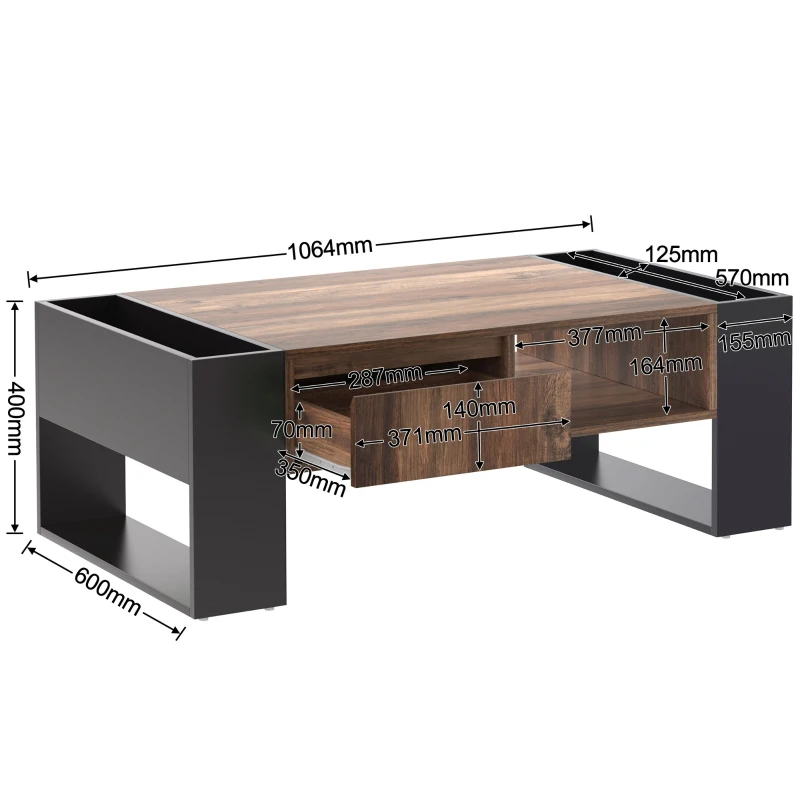 Table basse à grain de bois, Table de salon avec tiroirs, Grands treillis de rangement des deux côtés, Style industriel, Noir+Naturel(m-3)