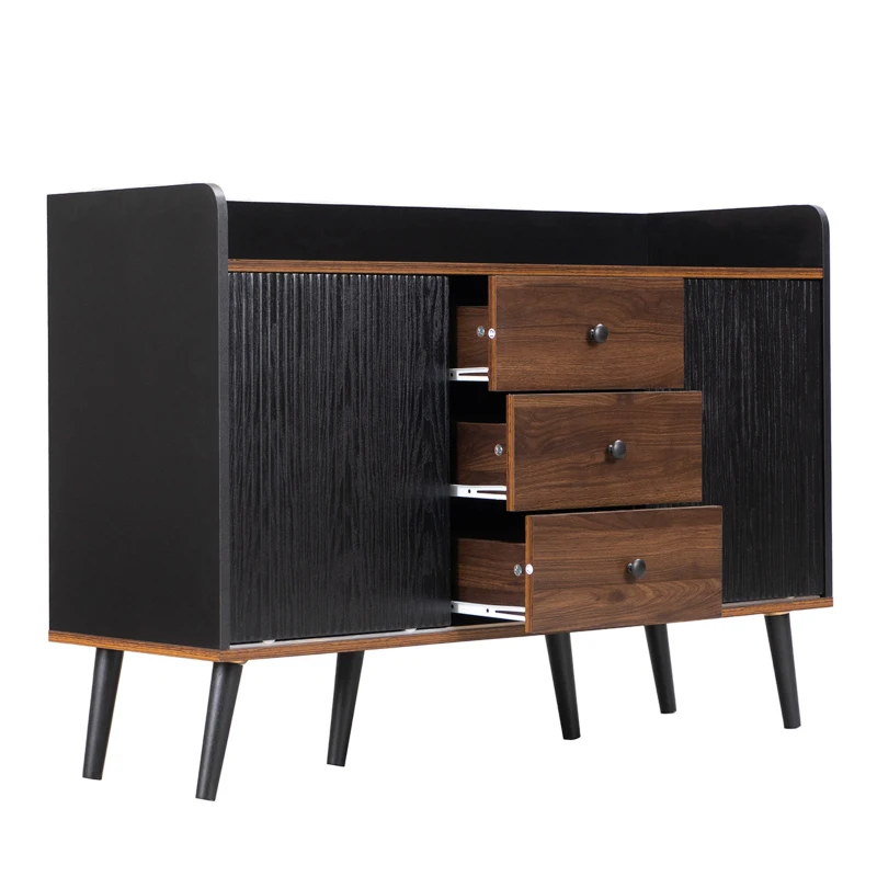 Crédence avec trois tiroirs à veinures pour chambre à coucher et salon, meuble moderne en bois avec étagères, 117 cm, Noir et bois