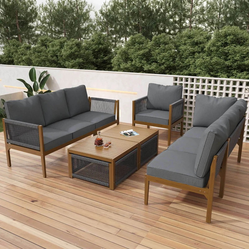 Ensemble de salon de jardin 8 places avec canapé, tables et coussins, revêtement lavable, design en corde, Naturel, Gris