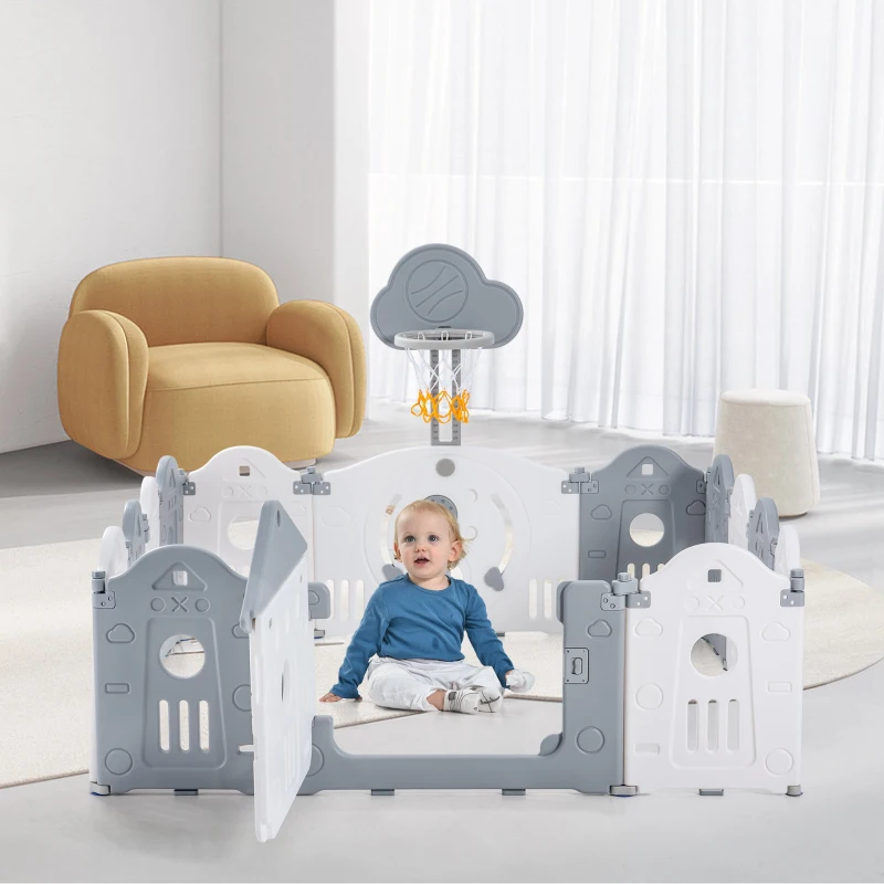 Parc pour enfants 160x160x77 cm, 14 panneaux, barrière de sécurité en plastique avec porte, panneau de jouets, panier de basket, balançoire, Gris
