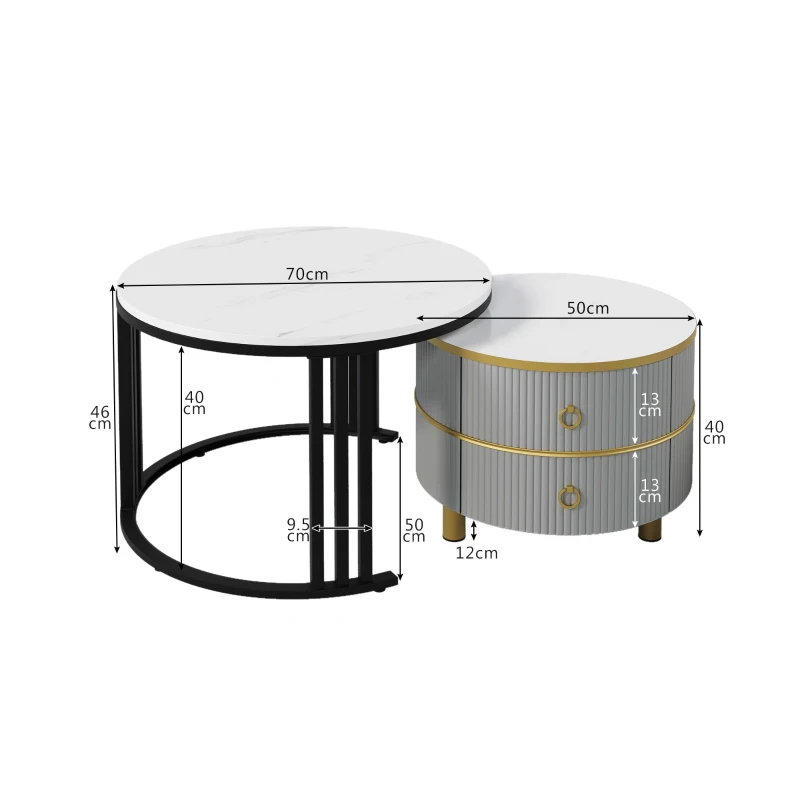 Ensemble de Tables Basses Gigognes avec Plateau en Marbre Blanc et Finition Brillante, 2 Tiroirs, pour Salon, Gris