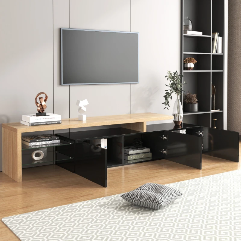 Meuble TV moderne design scandinave avec grand espace de rangement, effet bois, étagères en verre, éclairage LED, Naturel+Noir(m-8)
