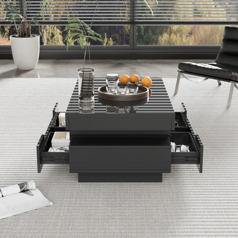 Table basse avec bande LED intégrée, 4 tiroirs avant et arrière, plateau relevable, Noir