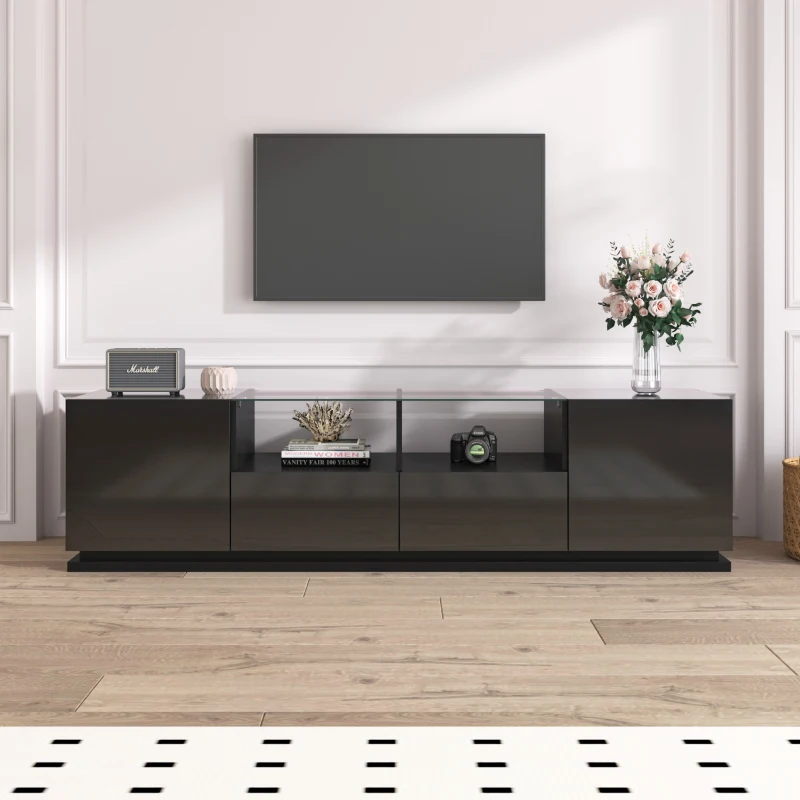 Meuble TV Brillant avec étagères en verre, 2 tiroirs, 2 portes & effets lumineux LED, Planche basse 165x38x43 cm, Noir