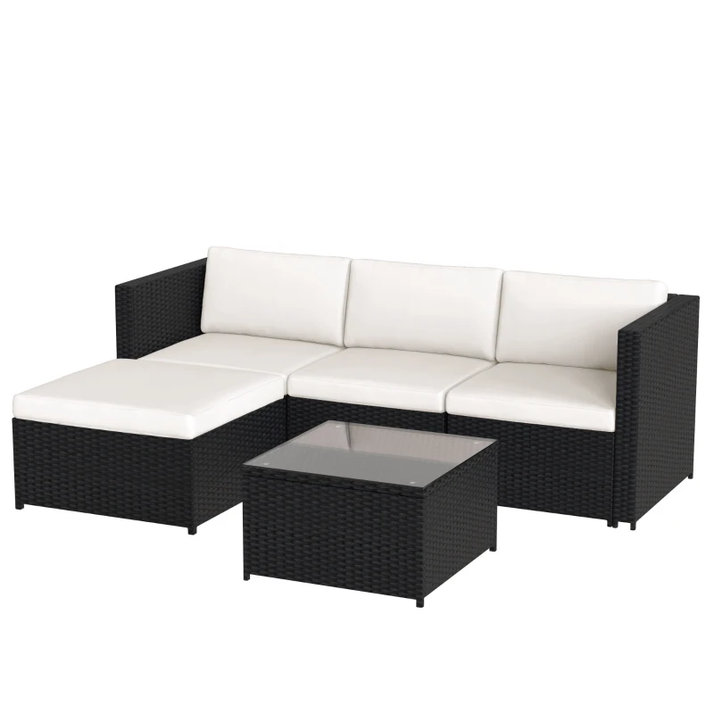 Ensemble salon de jardin modulable en Poly-Rotin avec canapé d'angle, table basse avec plateau en verre et coussins, Noir