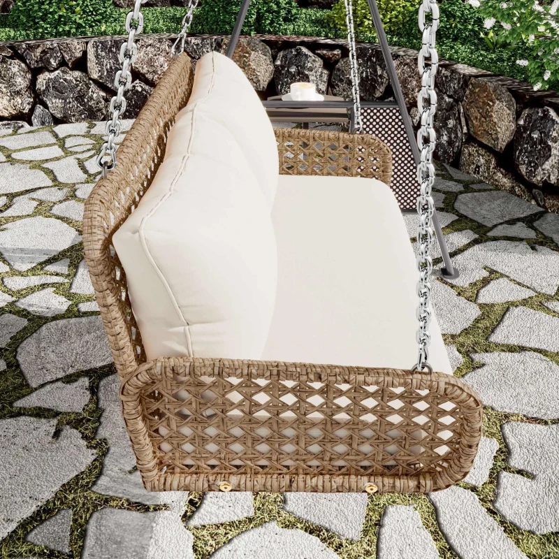 Balansoar dublu din PE-Rattan pentru grădină cu perne lavabile și 2 locuri, Capacitate 320 kg, Bej