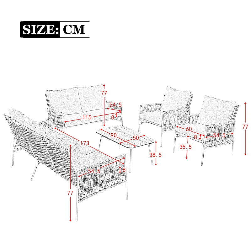 Set mobilier de grădină 7 locuri din PE-ratan și oțel zincat, măsuță cu blat din sticlă temperată cu efect lemn, perne lavabile, Gri