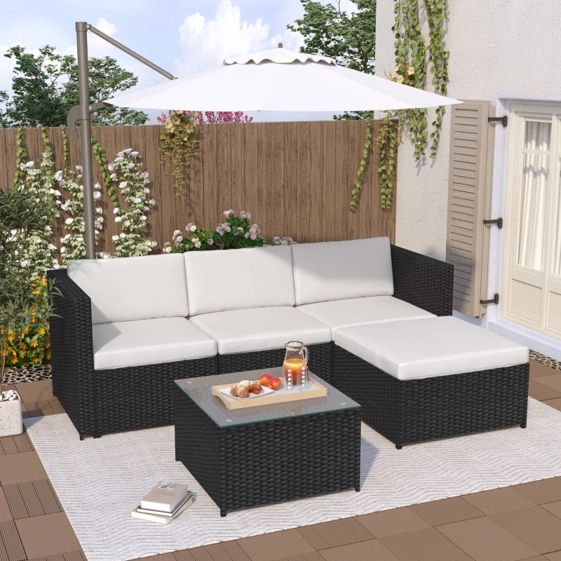 Ensemble salon de jardin modulable en Poly-Rotin avec canapé d'angle, table basse avec plateau en verre et coussins, Noir
