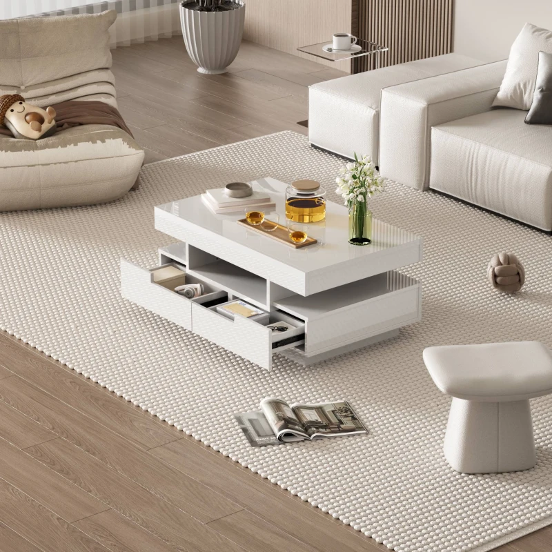 Table basse avec bande LED intégrée, 4 tiroirs avant et arrière, plateau relevable, Blanc