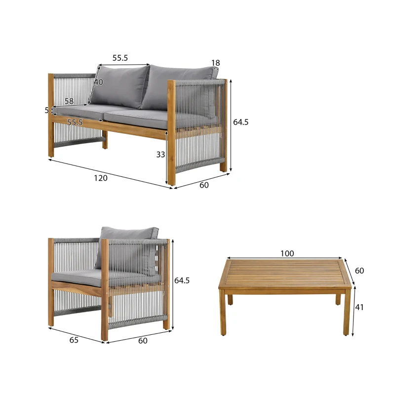 Set de grădină din rattan sintetic cu perne confortabile, canapea dublă, 2 fotolii și masă pentru exterior, Gri