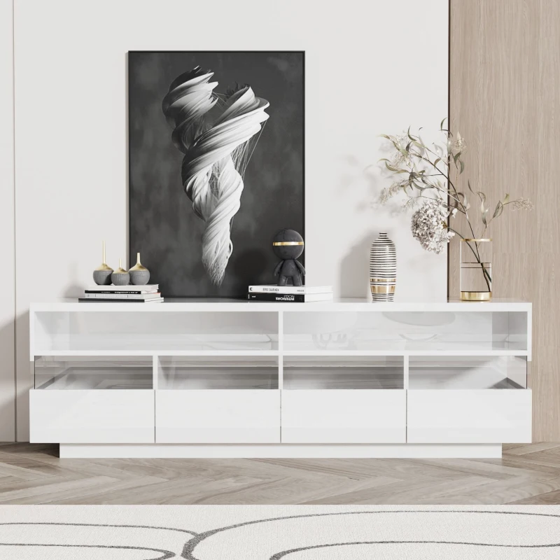 Meuble TV moderne scandinave avec éclairage LED, deux étagères et quatre tiroirs, finition brillante, Blanc