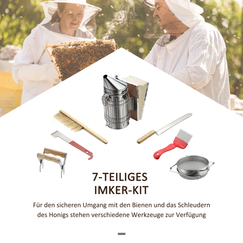 Outsunny 7-teiliges Imkerei-Werkzeugset Bienenzucht-Kit Imkereiset mit Smoker und Stockmeißel Bienenzuchtbürste Starter Kit für Imker rostfrei Stahl Holz Silber
