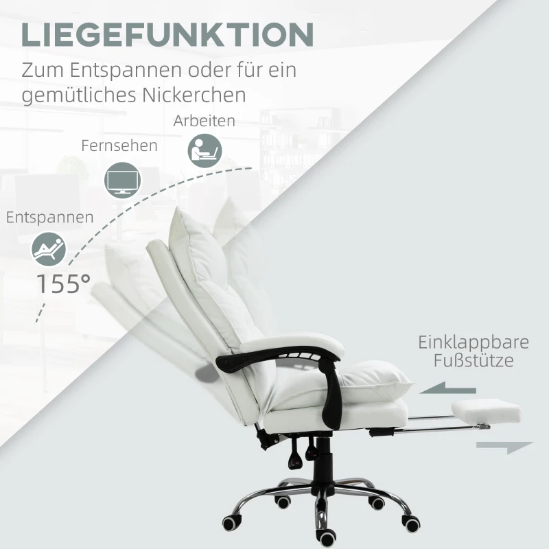 Vinsetto Bürostuhl mit Liegefunktion, ergonomisch höhenverstellbar  mit Fußstütze, gepolstert, bis 135 kg belastbar, 66 x 72 x 122-130 cm, Weiß