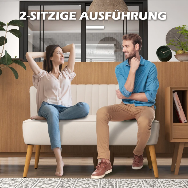HOMCOM Sofa Retrodesign 2-zitsbank, houten poten, 117 cm x 56,5 cm x 77 cm, wit(m-6)