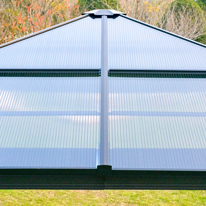 Outsunny Pavillon mit Polycarbonatdach, Vorhänge mit Fliegennetz, Alugestell, Dunkelgrau+Schwarz, 3,6 x 3 x 2,6 m