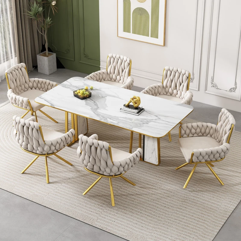 Set di 2 Sedie Imbottite in tessuto effetto velluto con Funzione Girevole a 360°, Schienale Alto e Braccioli, Struttura in Acciaio, Beige