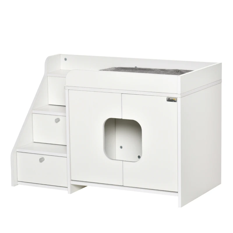 PawHut Katzenschrank für katzentoilette Katzenklo mit 3 Stufen der Treppe Katzenhaus Katzenhöhlen Katzenschrank für Katzenbett mit Türöffnung Weiß 90 x 48 x 59 cm