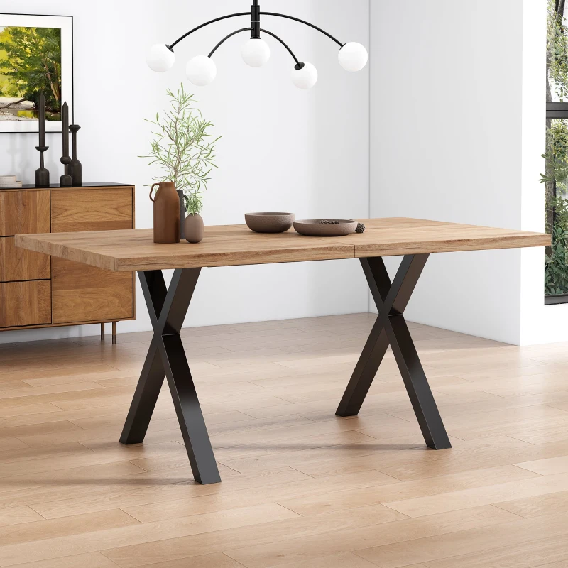 Tavolo da Pranzo Rettangolare Moderno Effetto Legno con Gambe Incrociate, Nero e Marrone