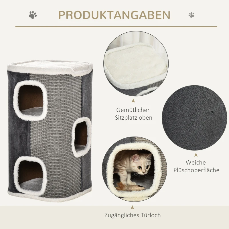 PawHut kattenkrabpaal kattenbak 3 niveaus kattenboom klimboom voor katten kattenmeubel spaanplaat fluweelachtig polyester sisal grijs + wit 40 x 40 x 74 cm