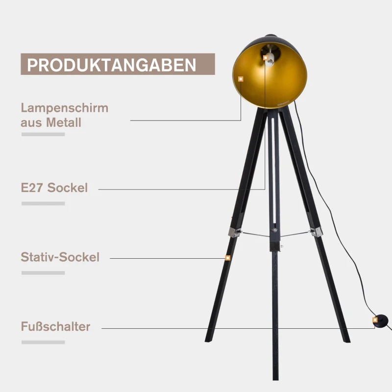 Homcom® staande lamp driepoot vloerlamp in hoogte verstelbaar 108-152 cm E27 industriële zwarte vloerlamp grenen goud 65 l x 65 b x 152 h cm