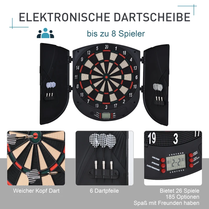 Elektroniczna tarcza do rzutek HOMCOM zestaw do rzutek z 6 rzutkami czarny + pomarańczowy 26 gier i 185 opcji trafień dla 8 graczy 46,5 x 4,4 x 50,5 cm