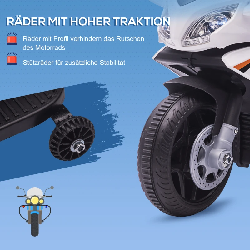 HOMCOM Kinder Polizei Elektromotorrad Polizeimotorrad Elektroauto Kinderwagen für 18 bis 36 Monaten mit 2 Scheinwerfer Polizeilichter Elektroquad Weiß+Schwarz 69 x 39 x 43 cm
