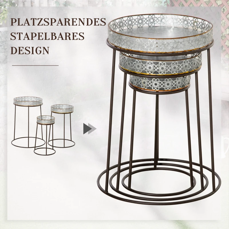 Outsunny Zestaw 3 stojaków na kwiaty z metalu, kolor: kawowy+srebrny